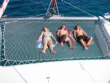 Sunbathing on the trampoline was a very popular activity. Here's Andrea, Ross, and Stephen.
