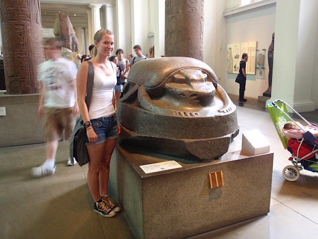 Emily and huge scarab at British Museum