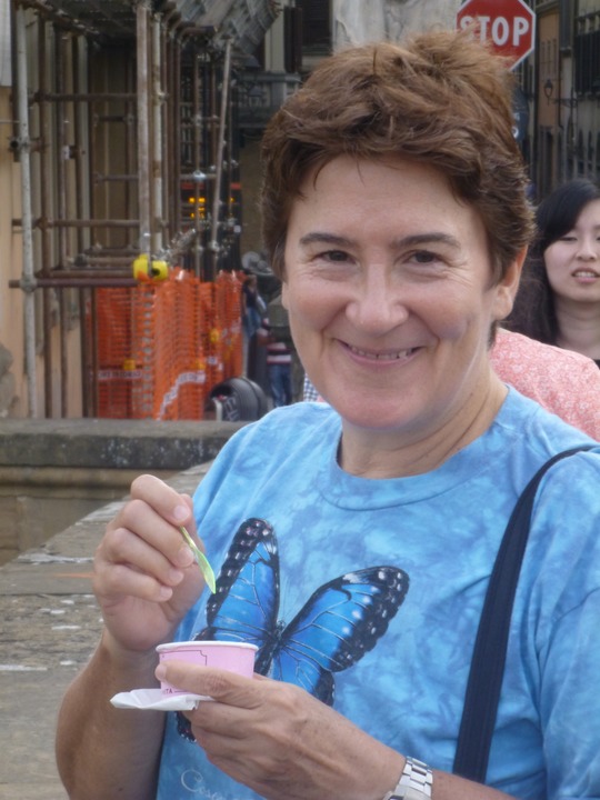 Kathy enjoys gelato from Gelateris San Trinita (best we found)