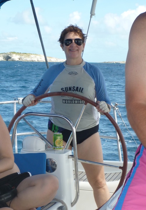 Kathy happy at the helm