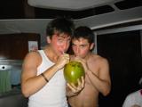 We saved a coconut so we could add rum to the milk, back on board. Stephen and Ross sample.