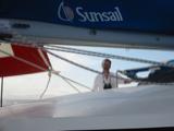 Pete tries to spot a mooring in Manchioneel Bay with the binoculars.